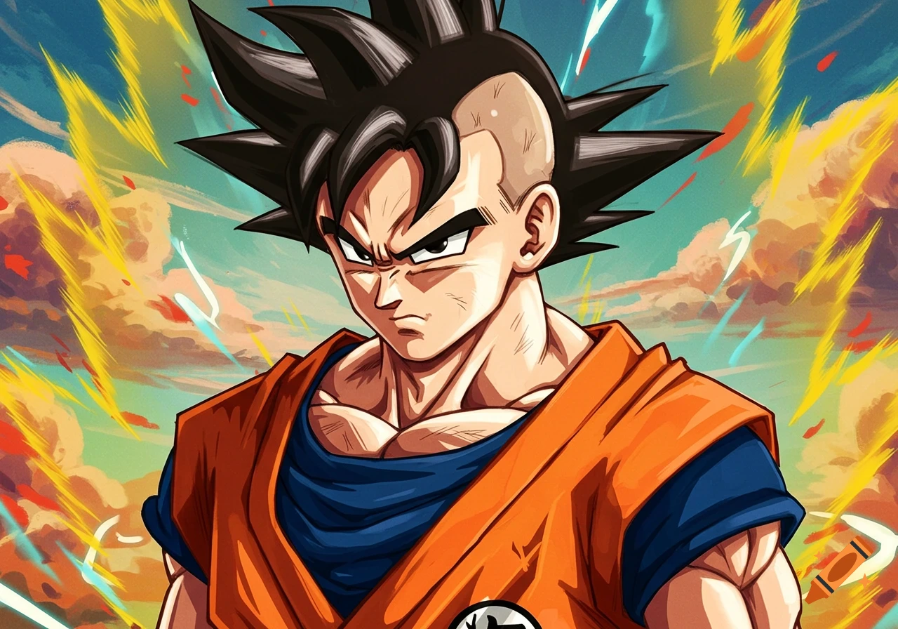 Close-up illustration of Goku with a mohawk and stern expression, in an anime style.