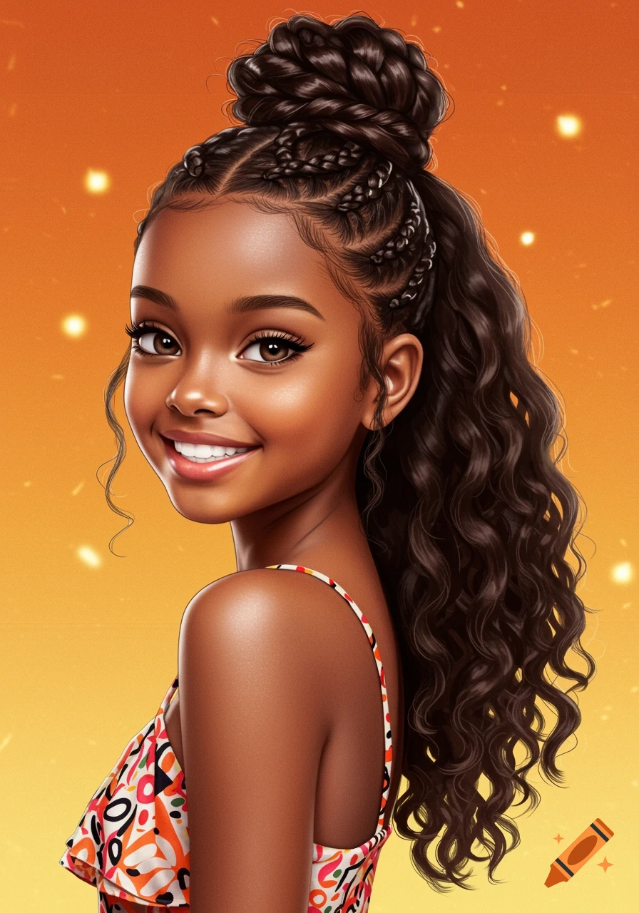 Smiling young Black girl with braided high ponytail bun in a colorful dress, digital art.