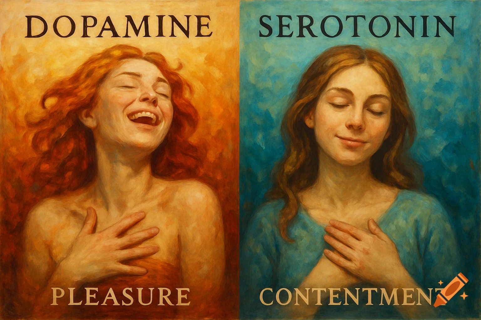 Two side-by-side oil paintings: left, a laughing woman in warm tones labeled Dopamine Pleasure; right, a serene woman in cool tones labeled Serotonin Contentment.