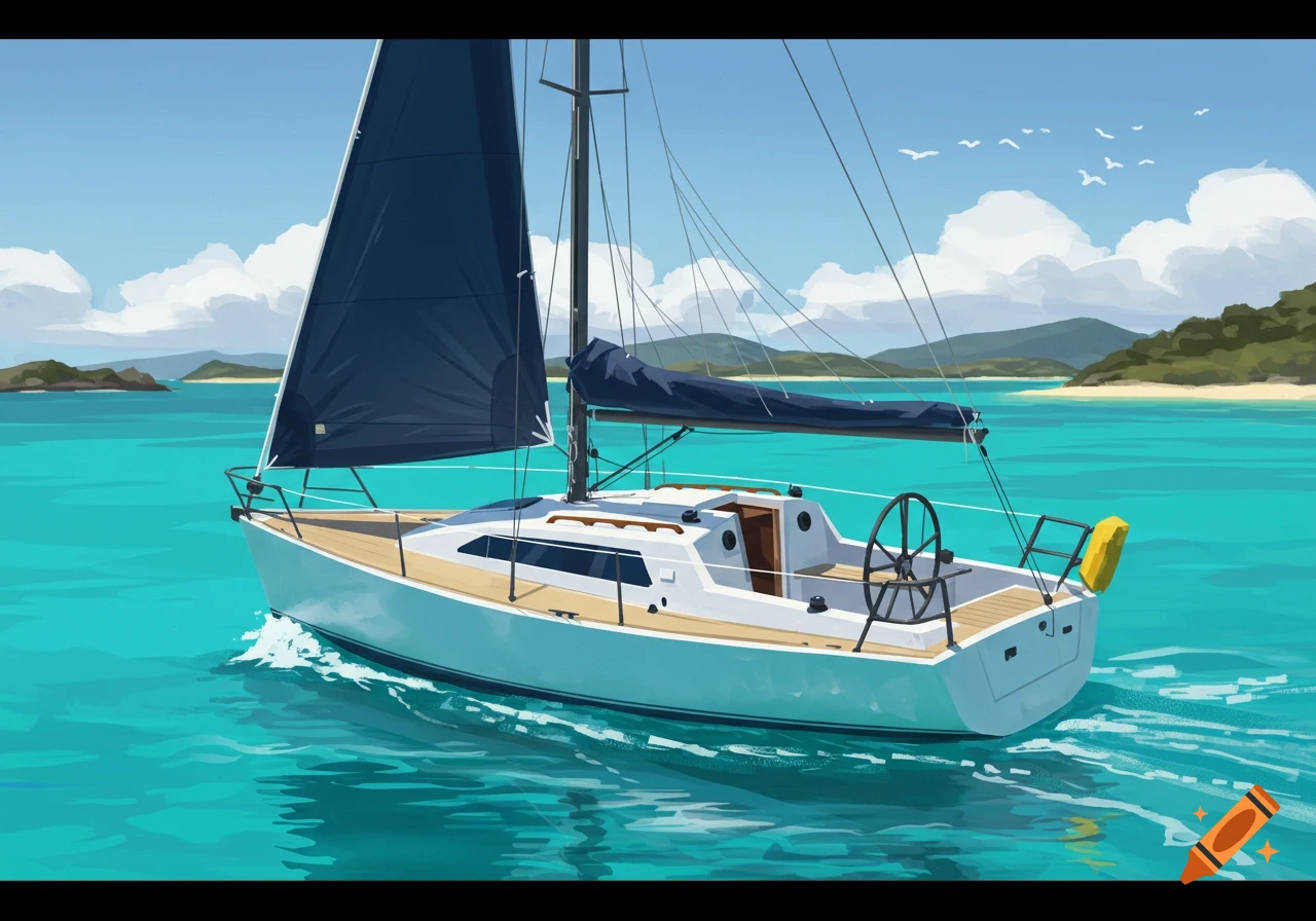 A sailboat with dark blue sails on turquoise water near tropical islands under a blue sky with clouds and birds.