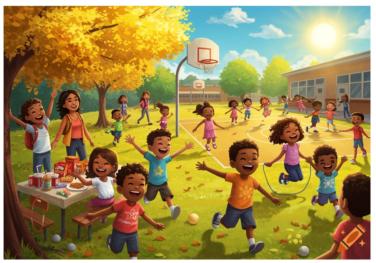 Illustration of diverse children playing outside near a school and park in autumn.