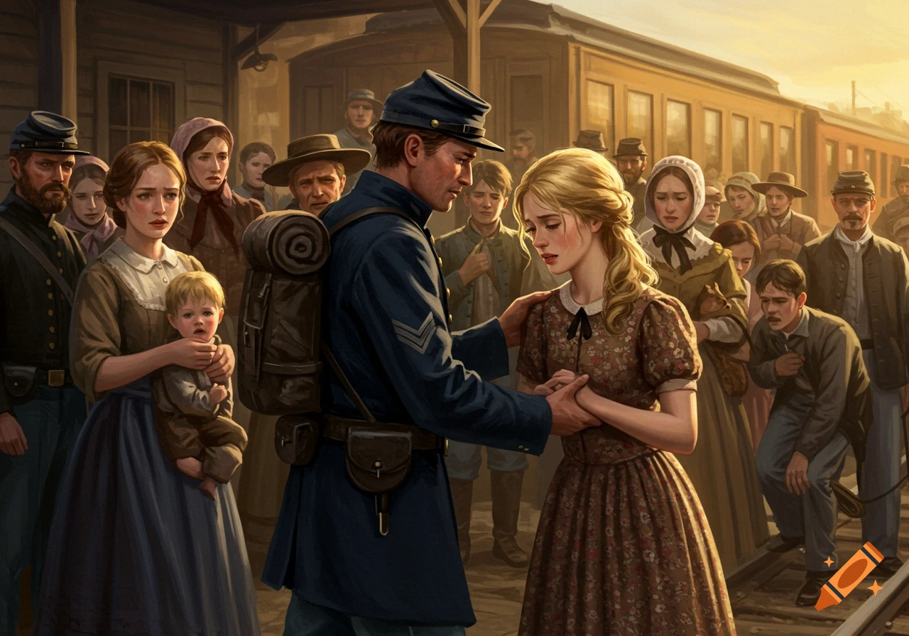 Union soldier says goodbye to a woman at a train station platform, with other people watching. Painting style.