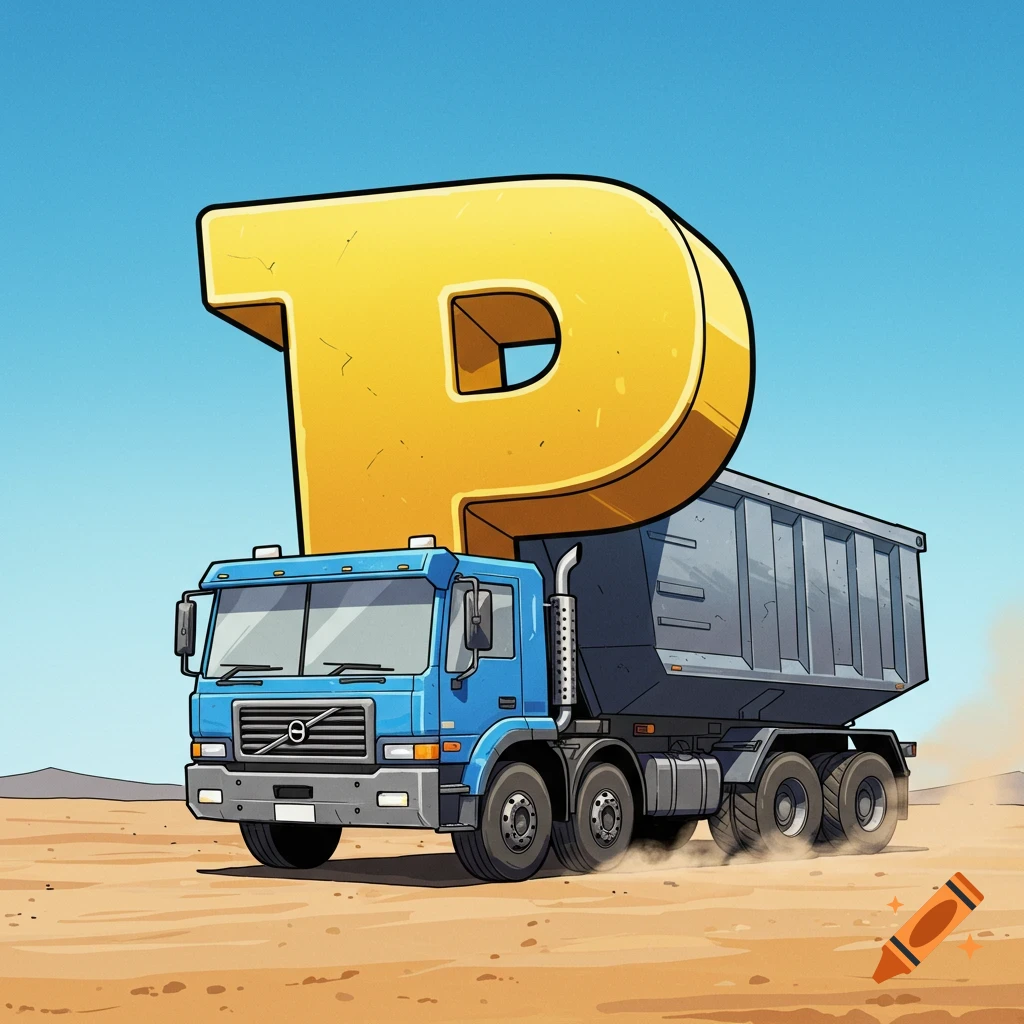 Cartoon blue dump truck with a yellow P for a cab drives through the sand.