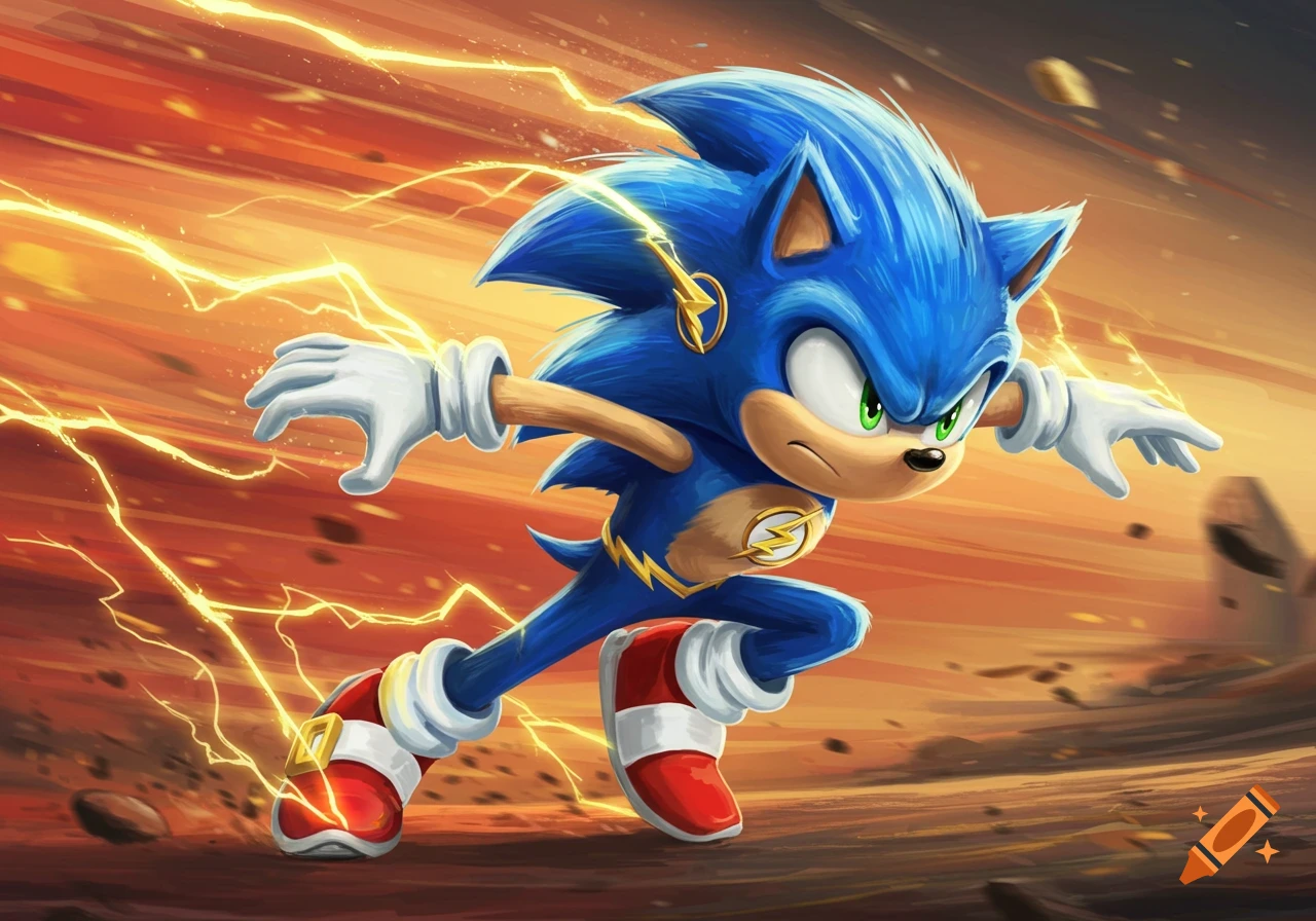Sonic the Hedgehog running at super speed with lightning around him