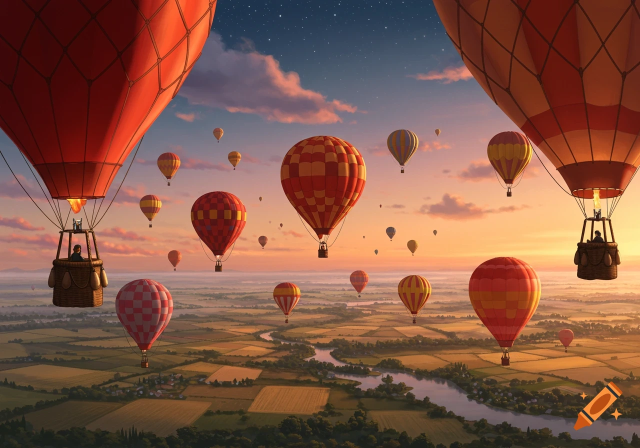 Many hot air balloons float over a landscape with a river at sunset.