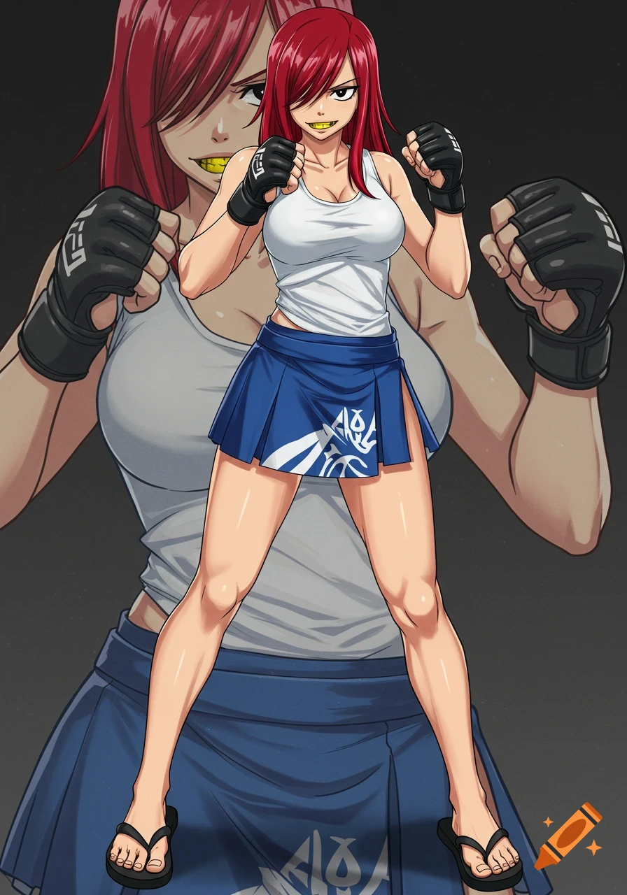 Full-body anime graphic art of a female fighter in MMA gear, in a dynamic pose.