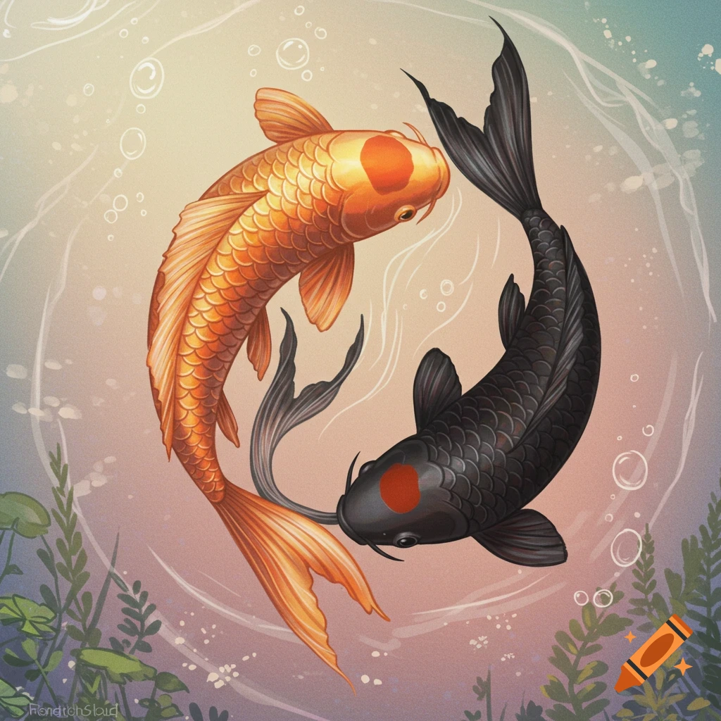 Two koi fish, one orange and one black, arranged like a Yin Yang symbol in water with bubbles and plants.