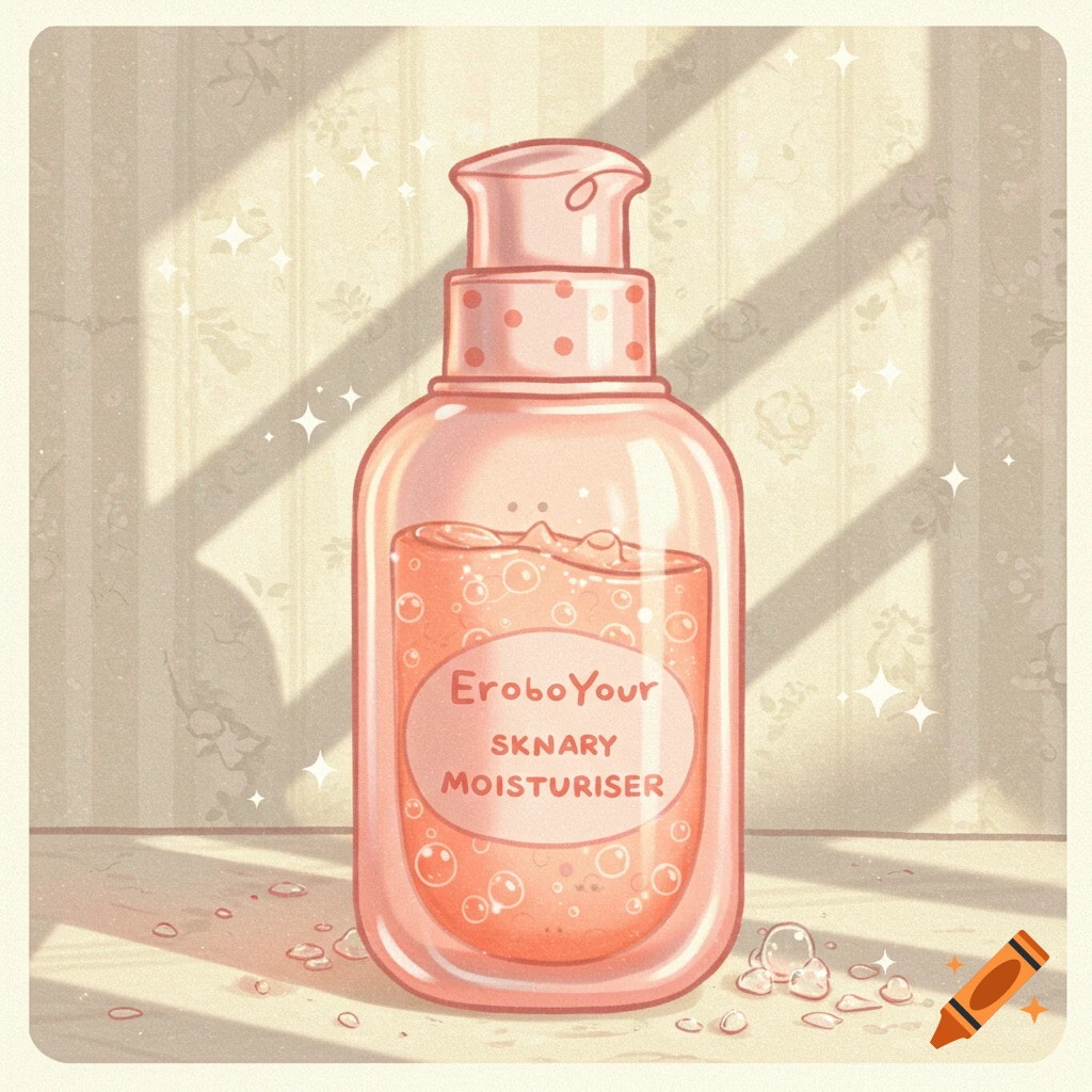 Illustration of a pink moisturiser bottle with bubbles, sunlight, and sparkles, in a preppy aesthetic.