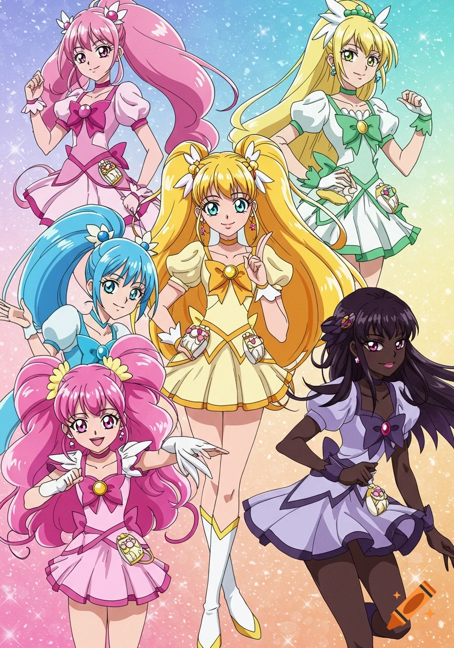 Group of six anime magical girls in pink, yellow, green, blue, purple, and dark outfits.