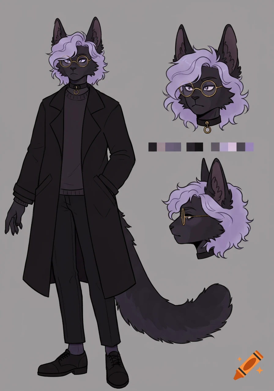 A character reference sheet of an anthropomorphic black cat with lavender hair, glasses, and a coat, with two headshots and color palette.