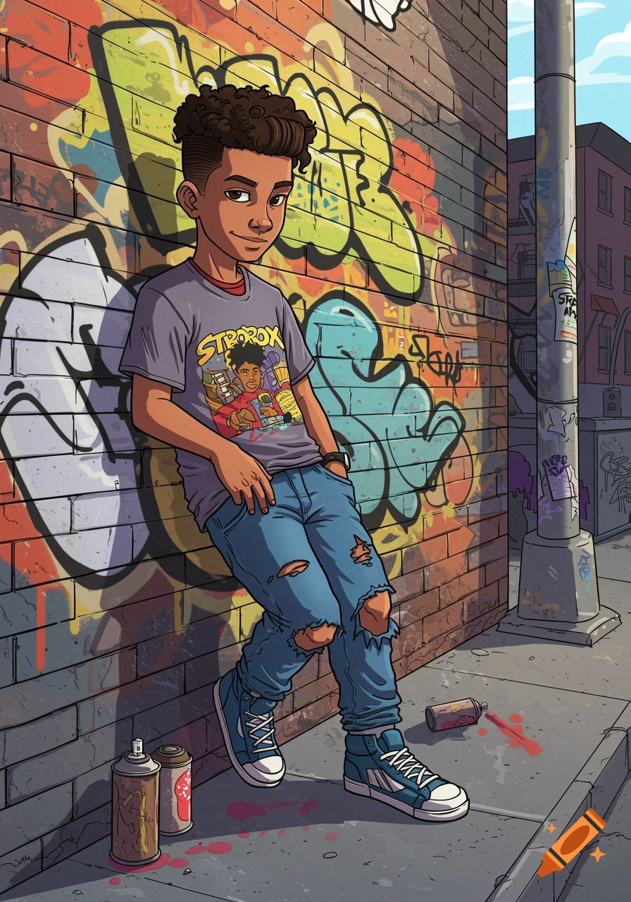 Comic book illustration of a teenager leaning against a graffiti wall in an urban setting