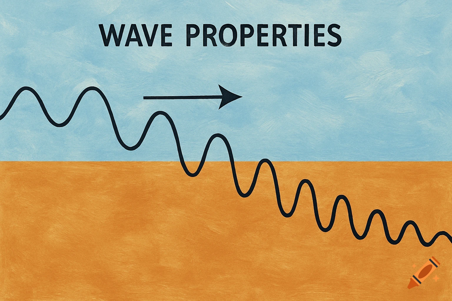 Diagram illustrating wave properties changing upon entering a new medium, with a wave line and direction arrow.
