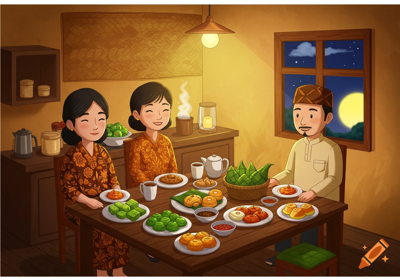 Illustration of a family eating a meal at a table full of food at night.