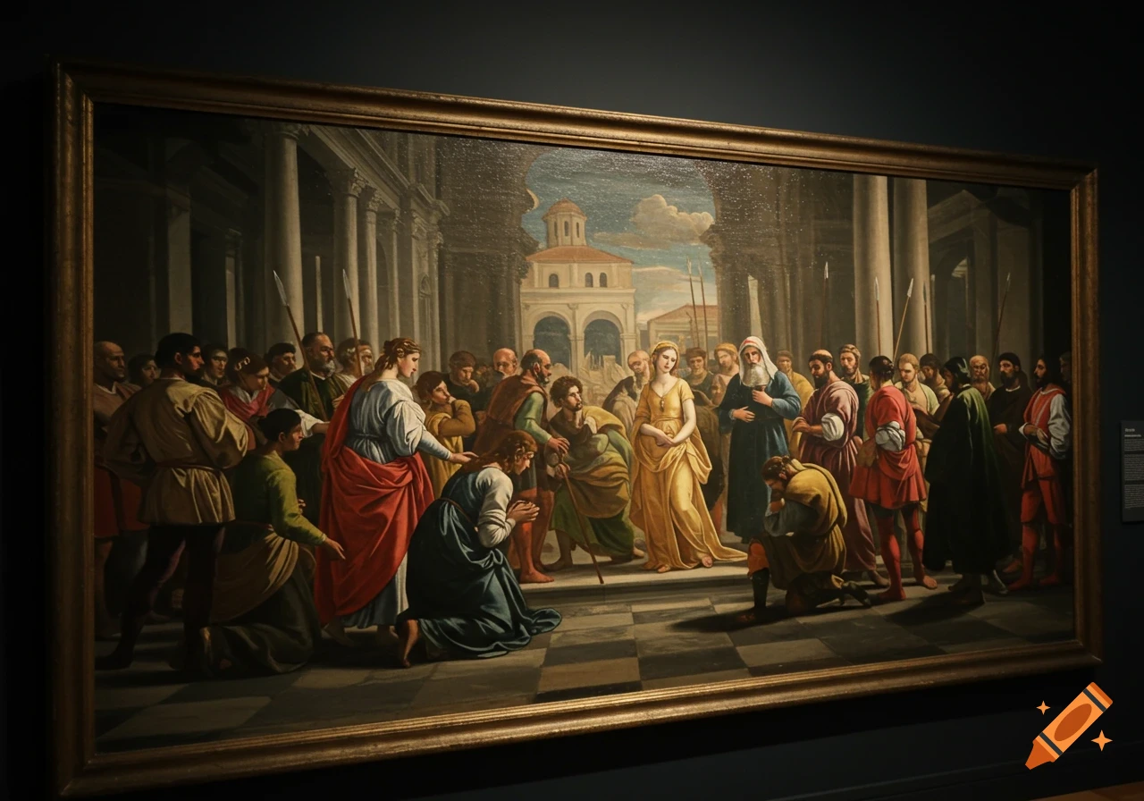 Classical painting of a historical or religious scene with many figures gathered, some kneeling.