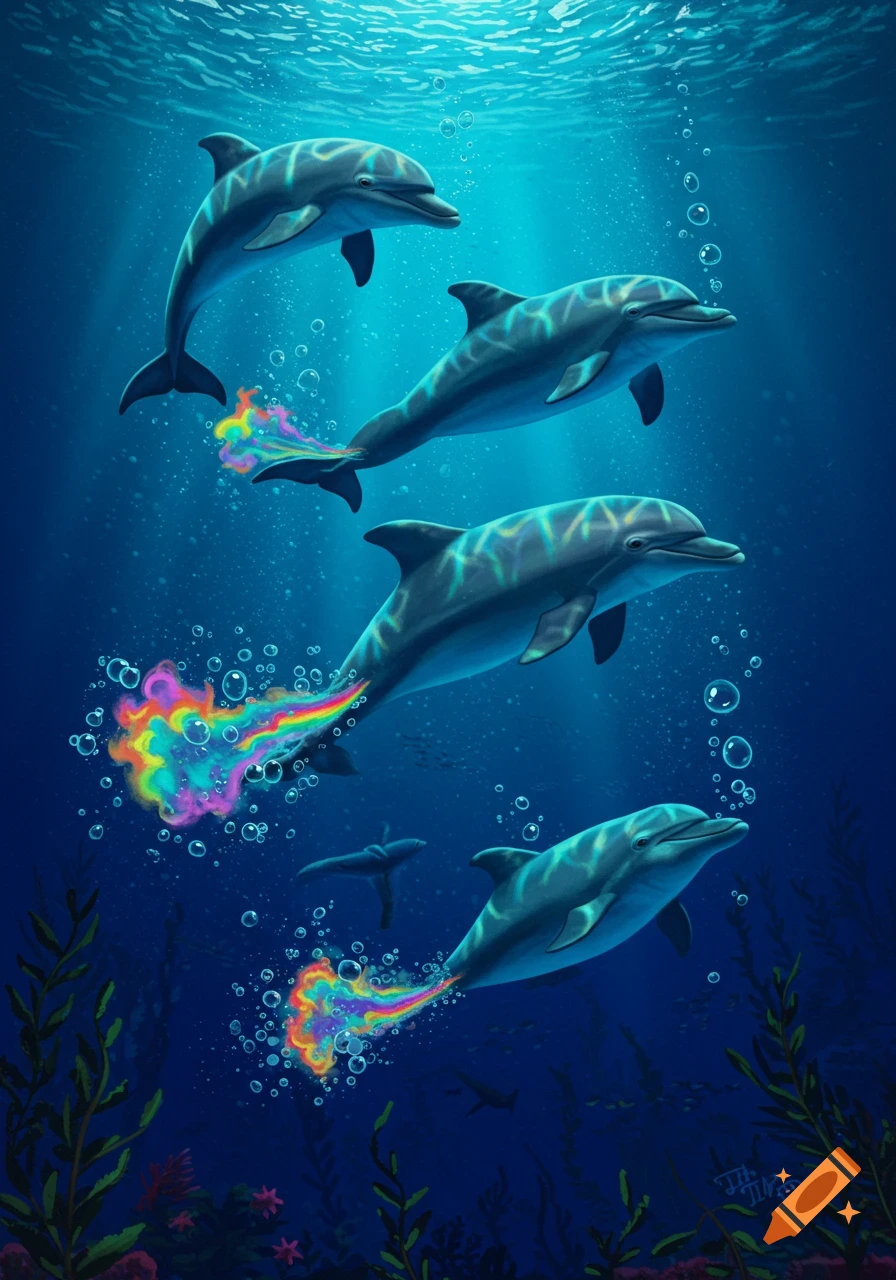 Four dolphins swim underwater, leaving rainbow trails. Stylized illustration.