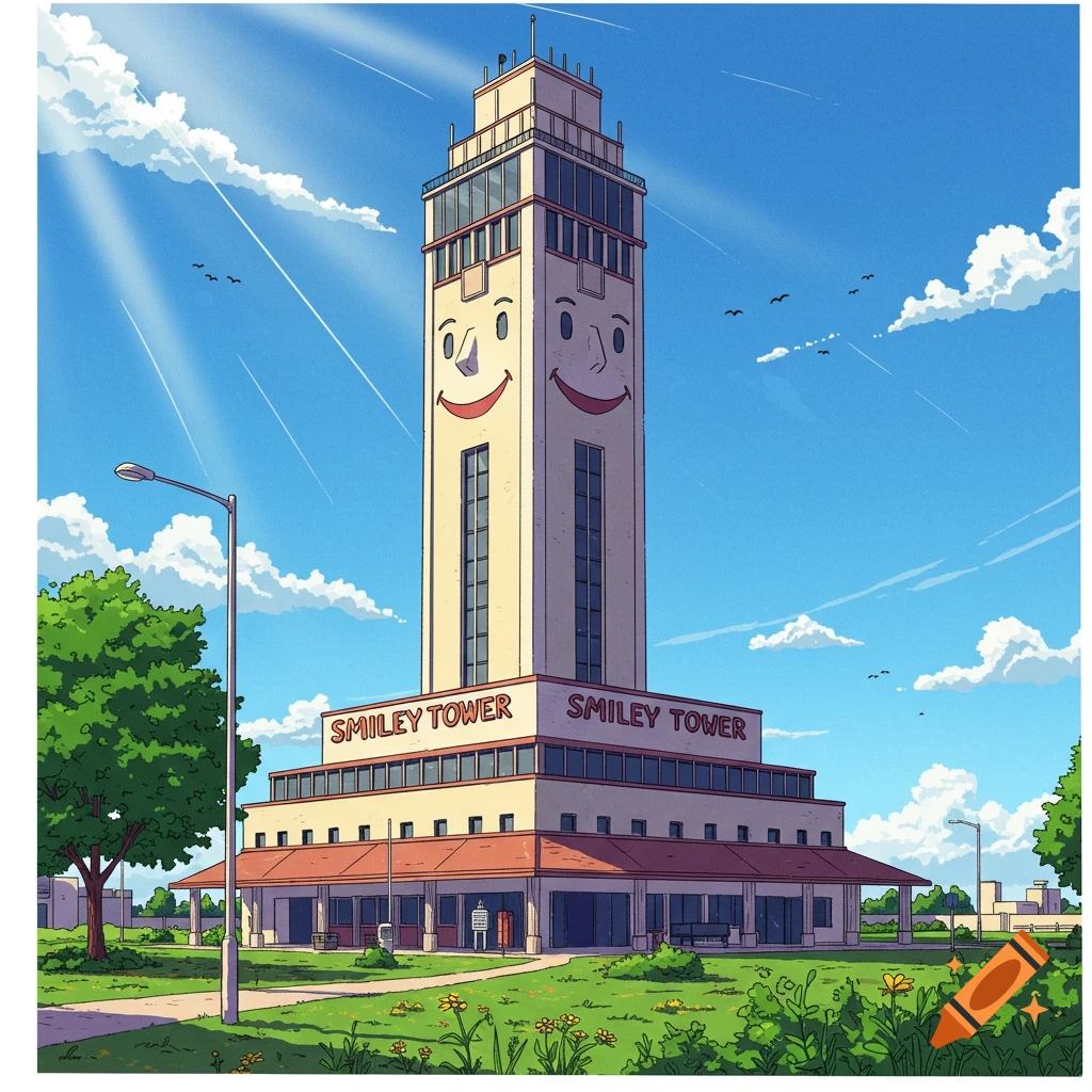 A tall, rectangular building with two large smiley faces on its side, set in a park-like area. Cartoon style.