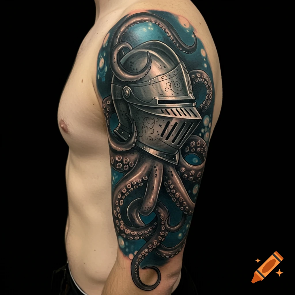 A tattoo on an arm showing a knight's helmet and octopus tentacles.