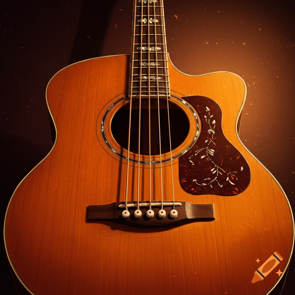 A close-up shot of a wooden acoustic bass guitar.