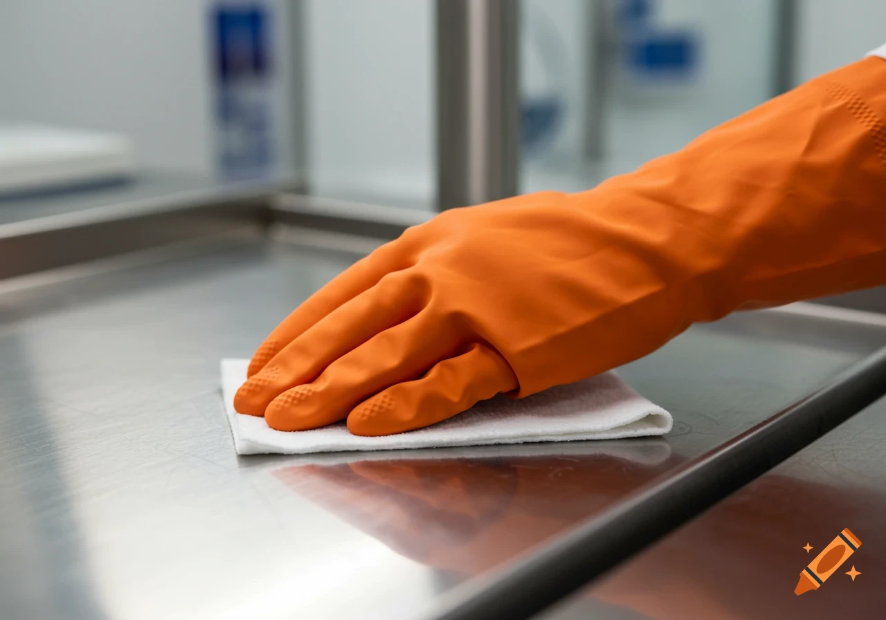 Hand in orange glove wiping stainless steel surface with a white cloth.