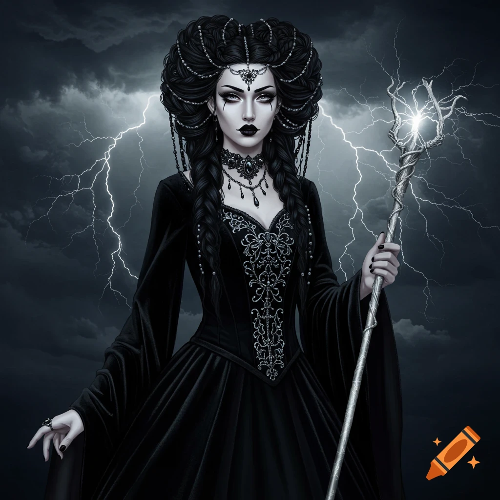 Gothic woman with elaborate hair and dress holds a staff with lightning in a storm.