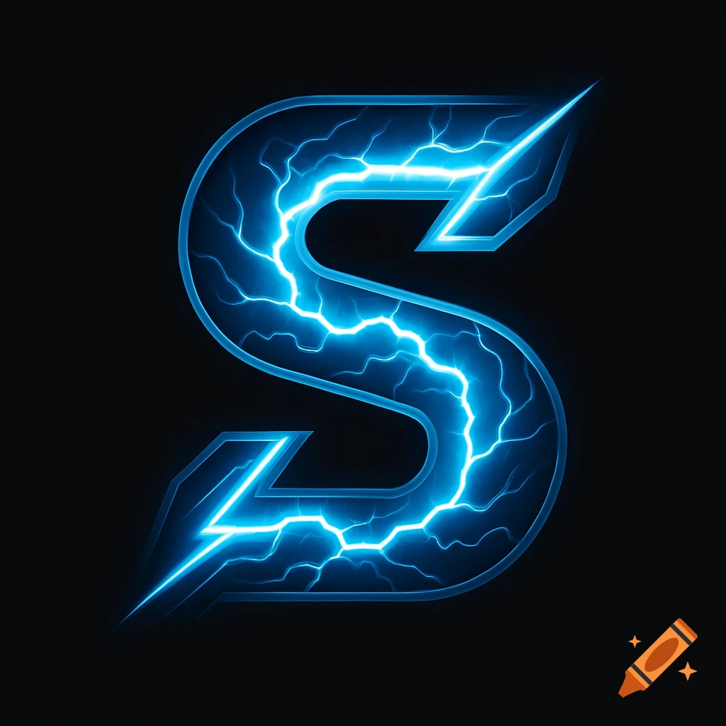 Stylized letter S with blue lightning and digital effects on a dark background