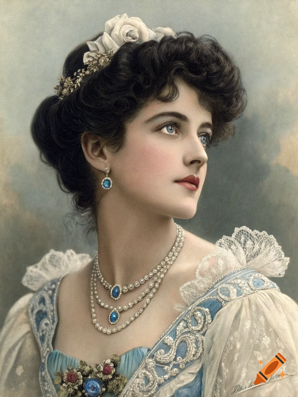 Portrait of a young woman in elaborate Victorian-era dress and jewelry.
