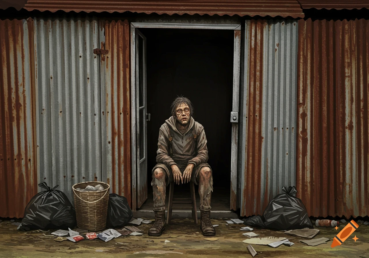 Illustration of a person sitting in the entrance of a rusty shed surrounded by trash.