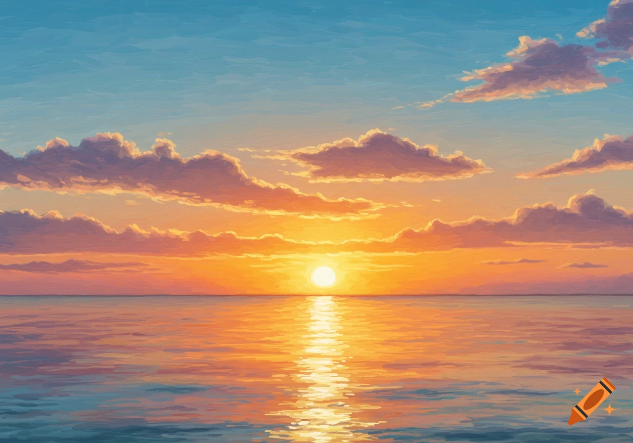 Painting of a sunrise over the ocean with clouds.