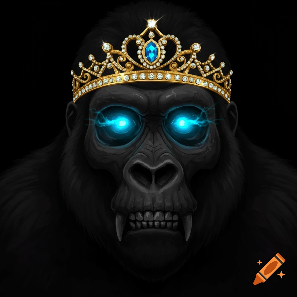 Detailed dark illustration of a gorilla wearing a jeweled golden tiara with glowing blue eyes.
