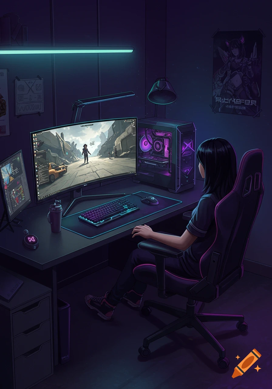 A person plays a video game on a computer with multiple screens and purple and blue neon lighting.