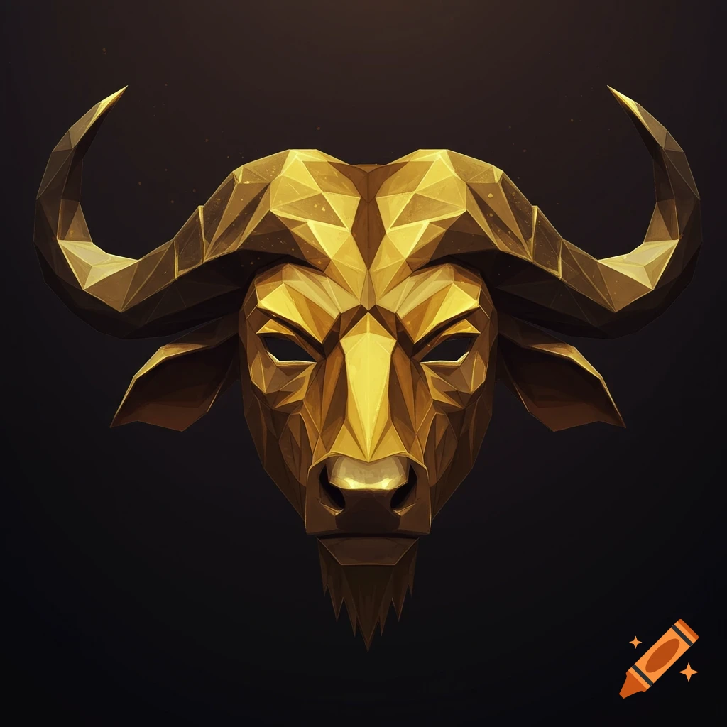 A golden low-poly geometric mask resembling a buffalo head against a dark background.