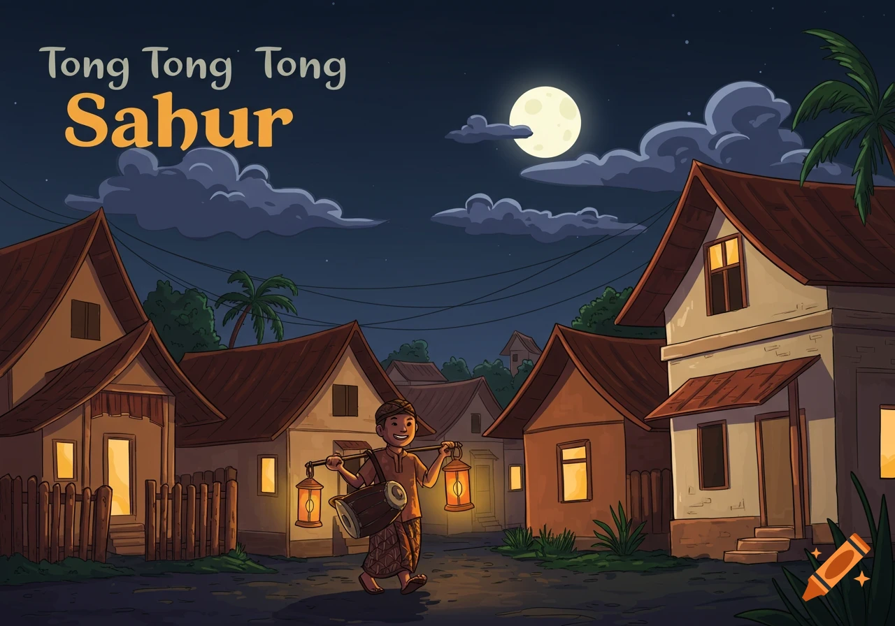 Illustrated scene of a person carrying a drum and lanterns in a village at night, text says 'Tong Tong Tong Sahur'.