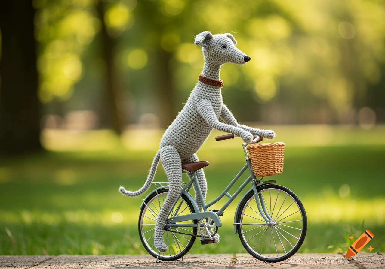 A grey crochet greyhound rides a bicycle in a sunny park.