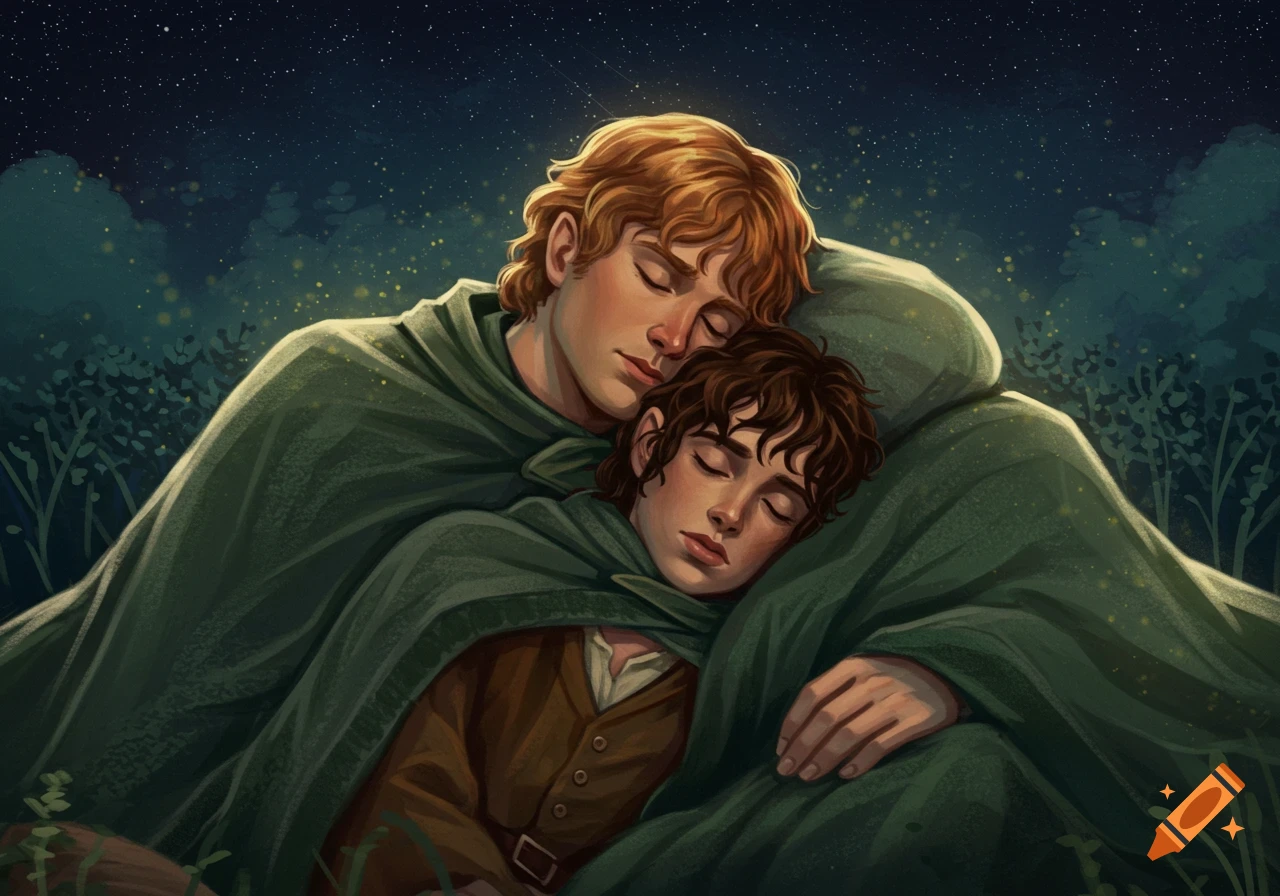 Digital painting of Frodo and Sam sleeping embraced under green cloaks outdoors under a starry night with fireflies.