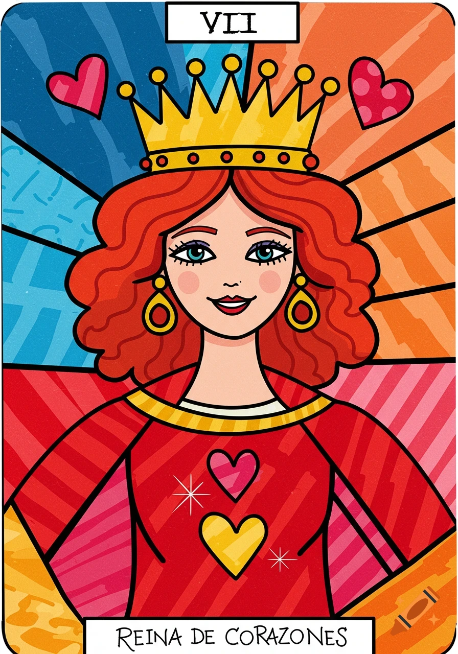 Illustration of a Queen of Hearts tarot card in a pop art style.