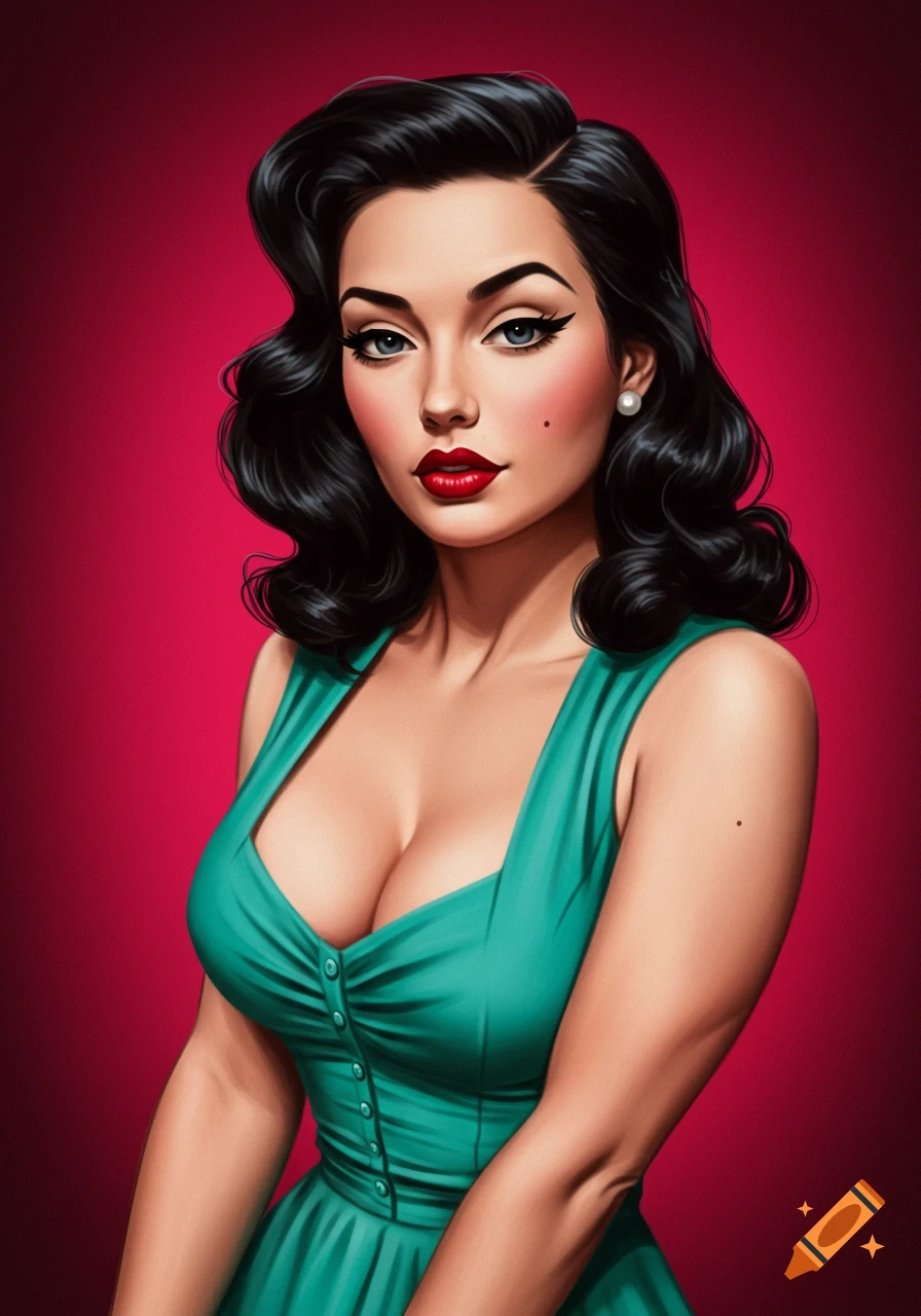 A pin-up style portrait of a woman with dark wavy hair and red lipstick wearing a teal dress.