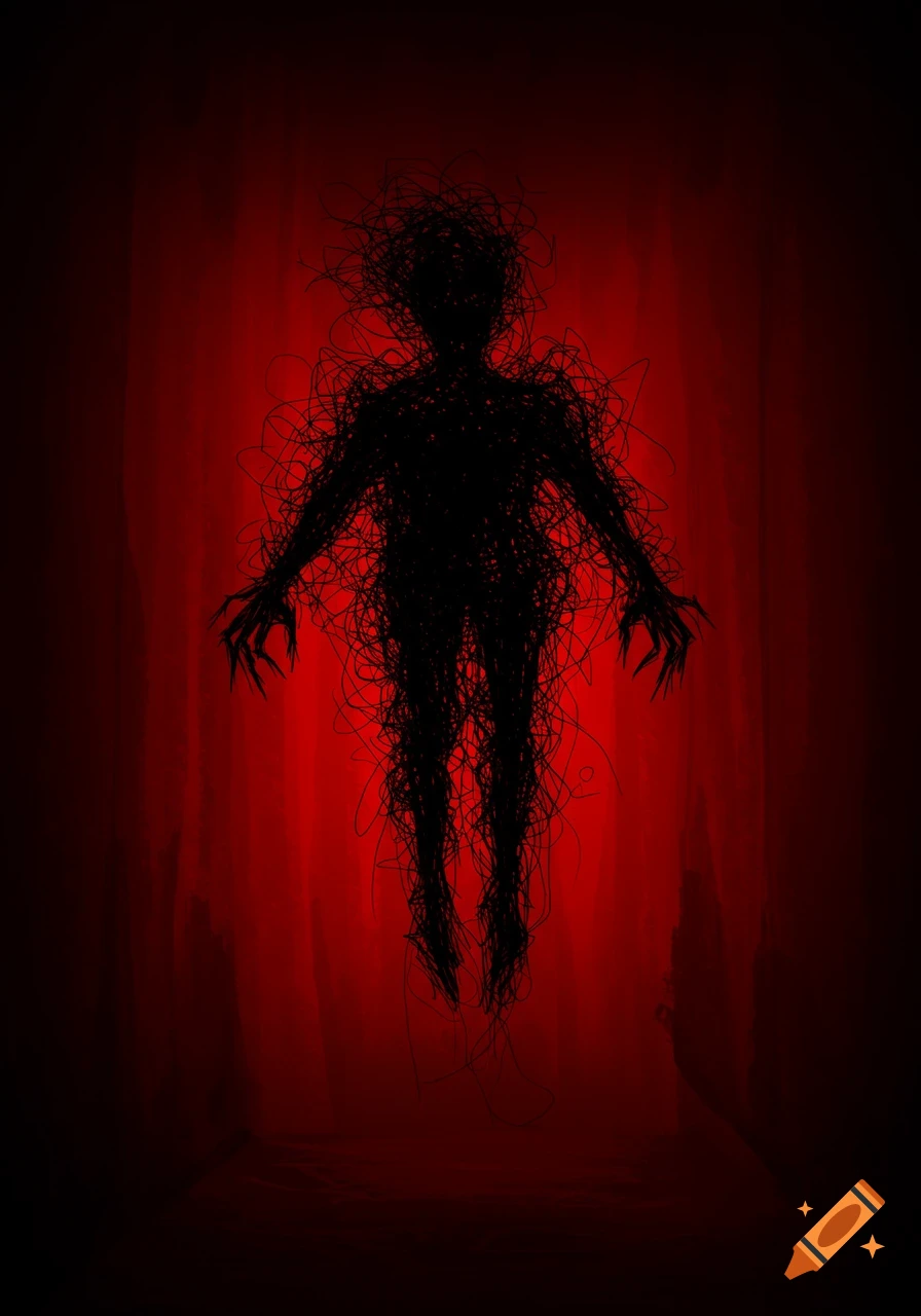 Black scribbled silhouette figure with clawed hands floating in a dark red room.