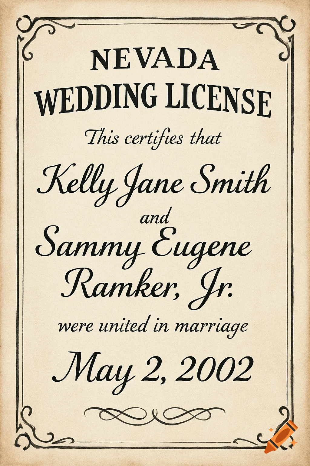 A vintage-style Nevada Wedding License document with names Kelly Jane Smith and Sammy Eugene Ramker, Jr., and date May 2, 2002.