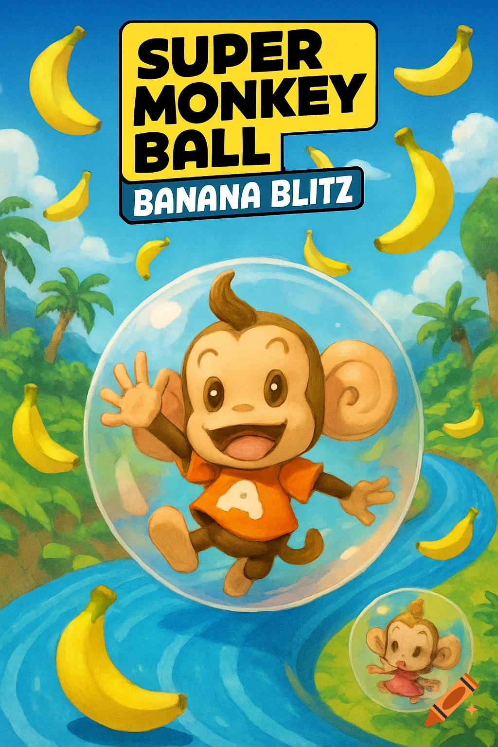 Cartoon monkey in a bubble with bananas, palm trees, and river, featuring game title text.