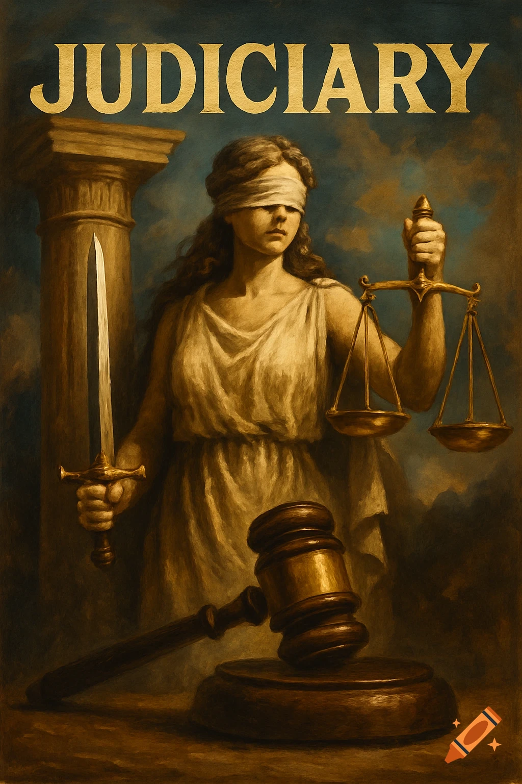 Classical style painting of blindfolded Lady Justice holding a sword and scales, with a column, gavel, and 'JUDICIARY' text.