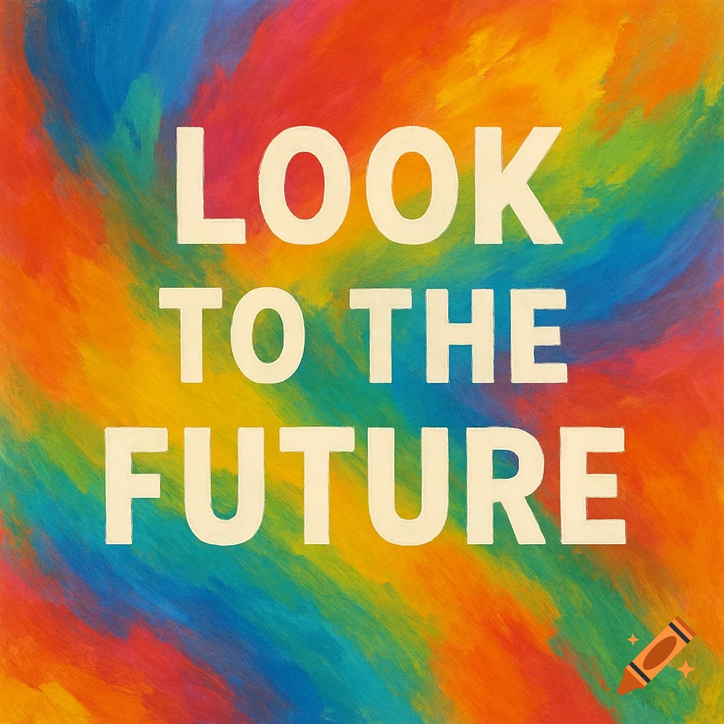 White text "Look to the future" on a background of swirling rainbow-colored brushstrokes.
