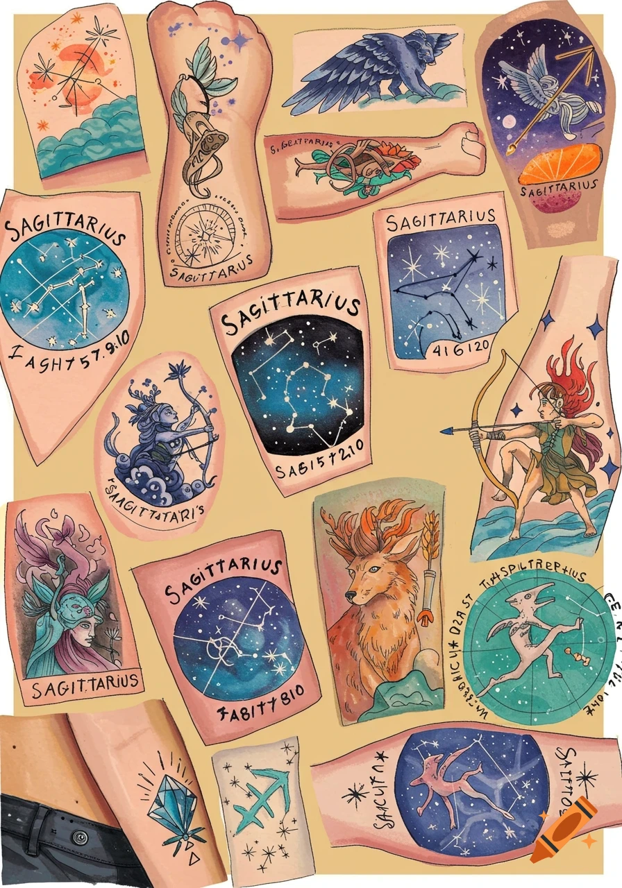 A collage of watercolor style tattoo designs featuring Sagittarius constellations, centaurs, and symbols.