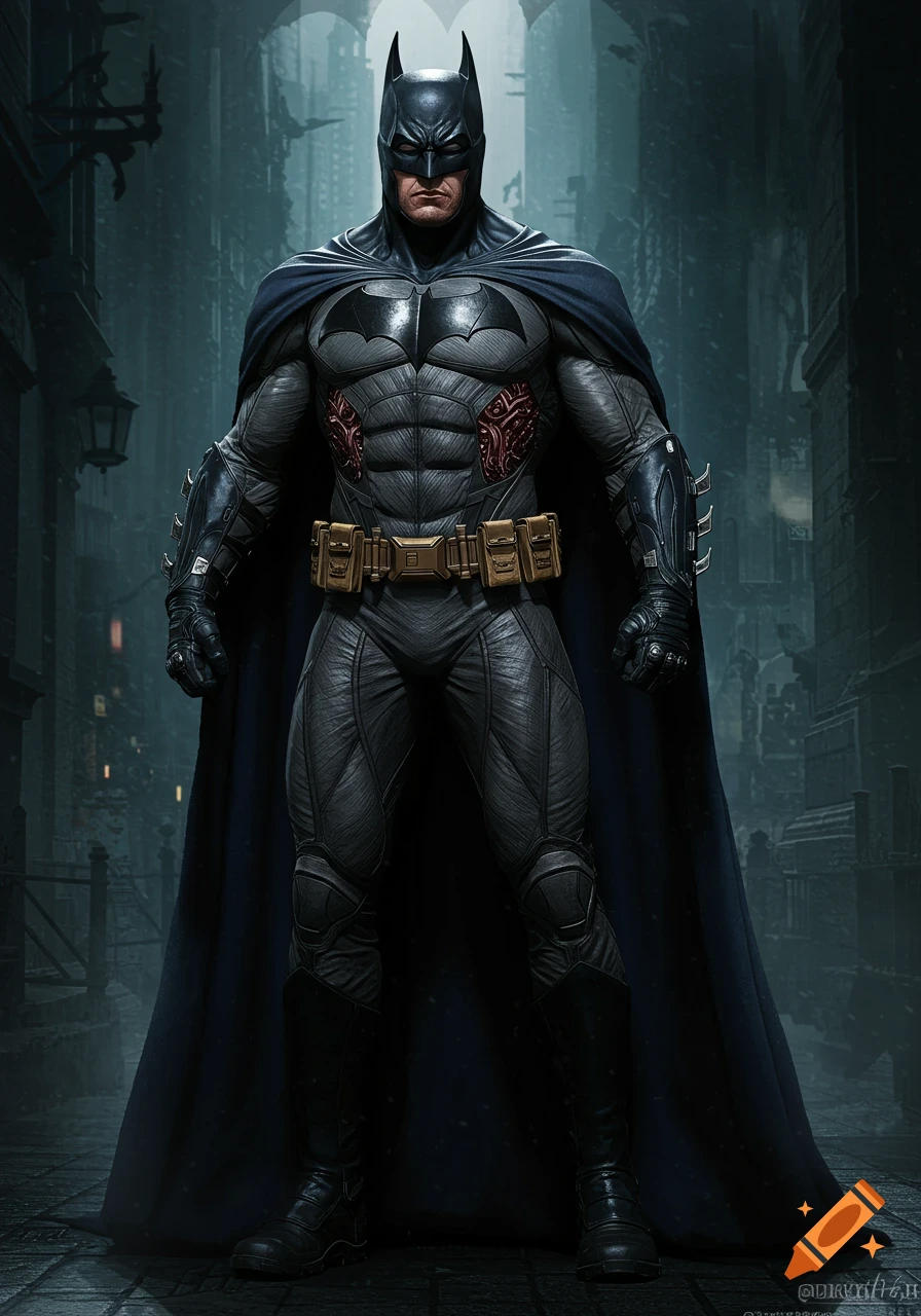 Full body depiction of Batman standing in a dark alley.