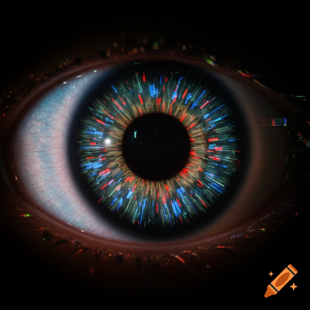 Close-up of an eye with a pixelated, glitching iris in red and blue.