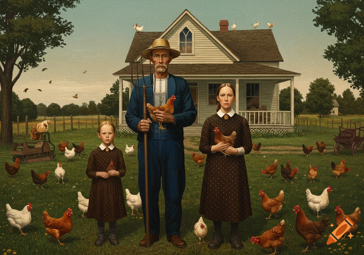 A man, woman, and child in the style of American Gothic hold chickens in a farmyard.