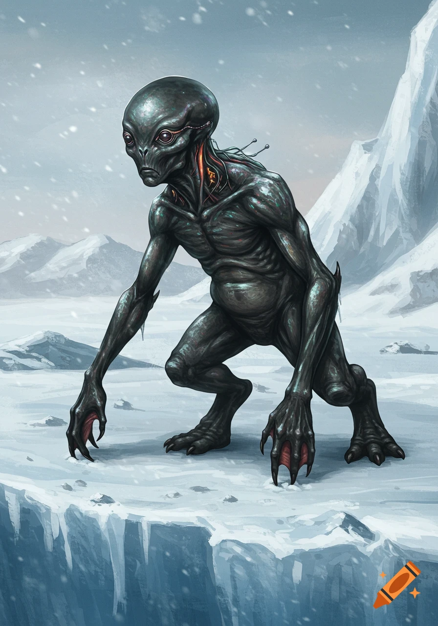 A dark-skinned alien creature with glowing markings stands on ice in a snowy mountain landscape.