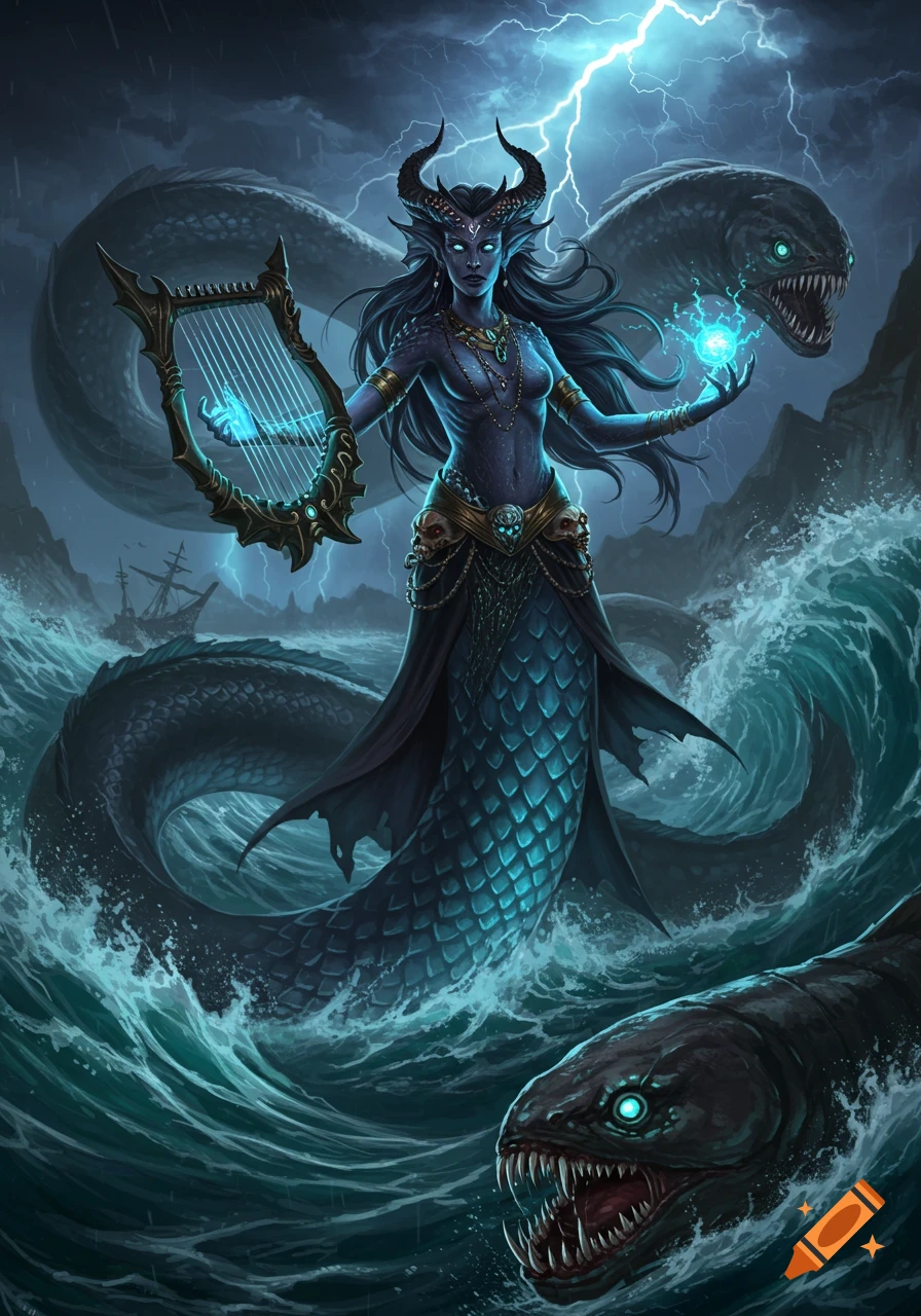 Digital painting of an abyssal siren playing a harp in a stormy sea with lightning, surrounded by large sea monsters.