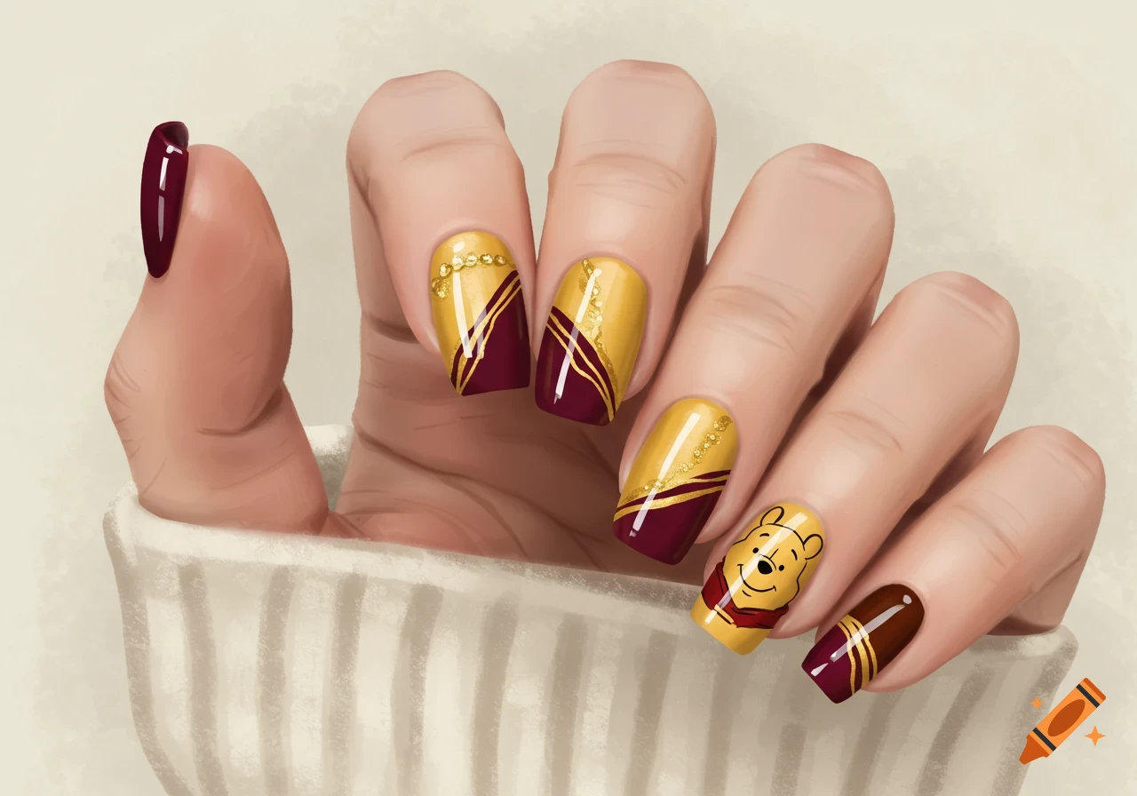 A digital illustration of a hand with Winnie the Pooh-themed acrylic nails. The nails are gold and maroon with stripes, glitter, and one has Winnie the Pooh's face.
