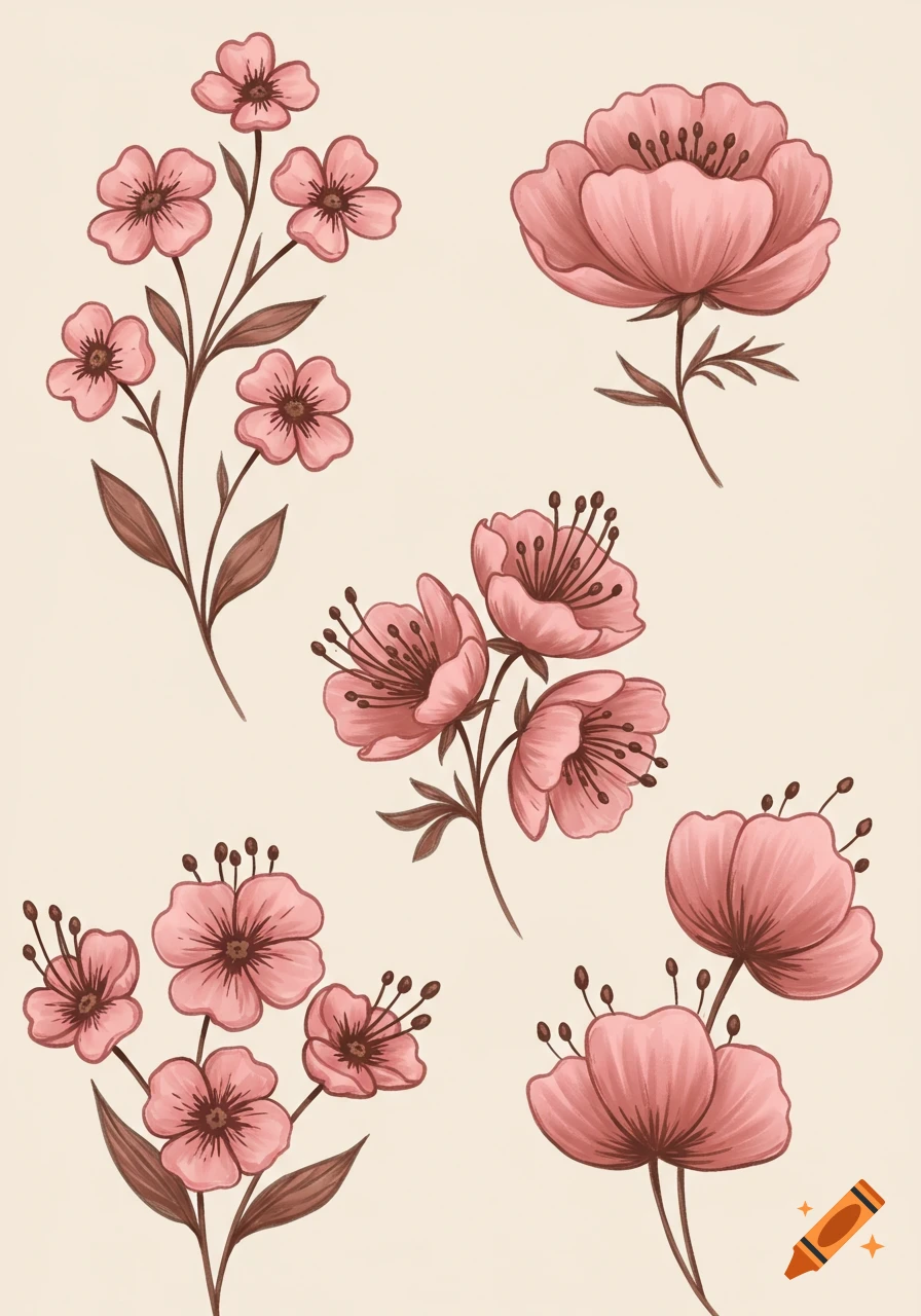 Illustration of stylized pink flowers with brown stems and leaves on a light background.