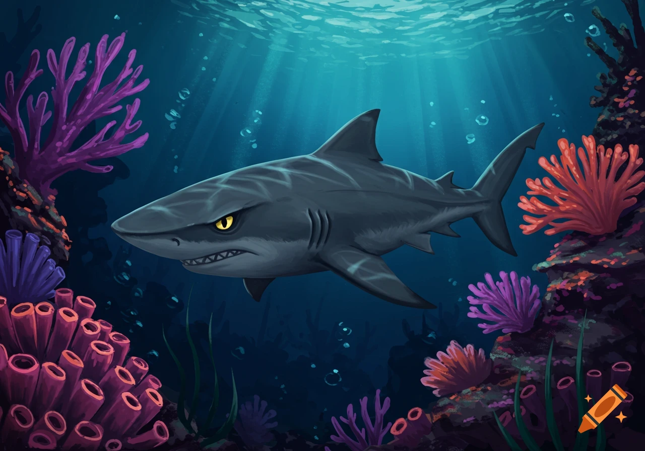 A cartoon shark with angry yellow eyes swims among colorful coral underwater.